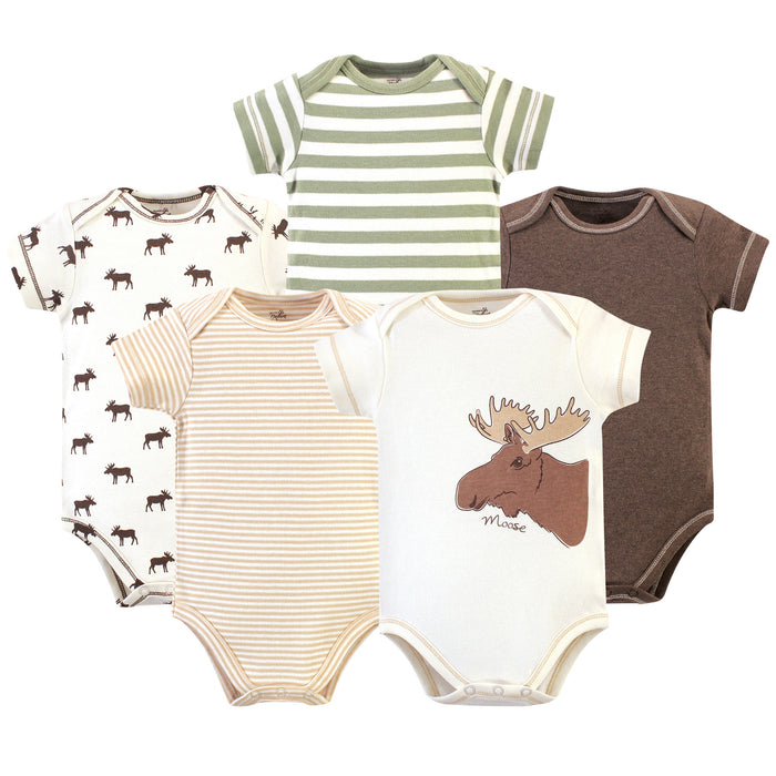 Touched by Nature Baby Boy Organic Cotton Bodysuits 5 Pack, Moose
