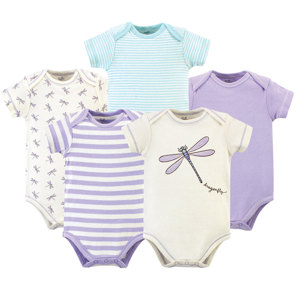 Touched by Nature Baby Girl Organic Cotton Bodysuits 5 Pack, Dragonfly