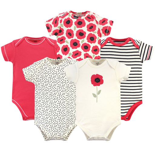 Touched by Nature Baby Girl Organic Cotton Bodysuits 5 Pack, Poppy