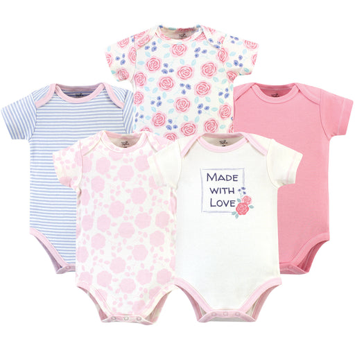 Touched by Nature Baby Girl Organic Cotton Bodysuits 5 Pack, Pink Rose