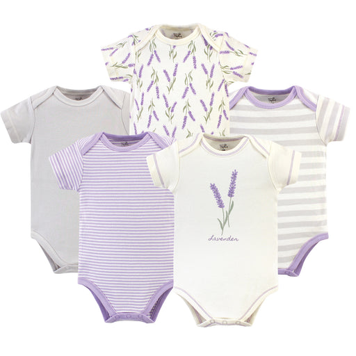 Touched by Nature Baby Girl Organic Cotton Bodysuits 5 Pack, Lavender