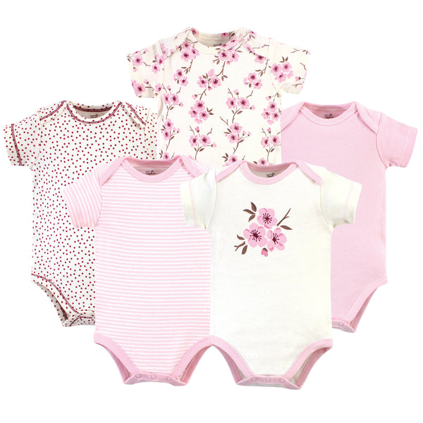 Touched by Nature Baby Girl Organic Cotton Bodysuits 5 Pack, Cherry Blossom