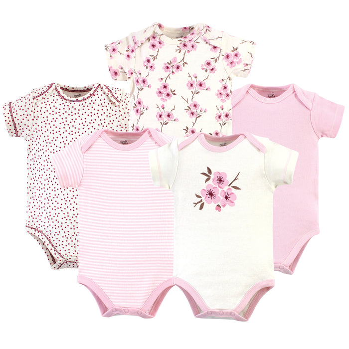 Touched by Nature Baby Girl Organic Cotton Bodysuits 5 Pack, Cherry Blossom
