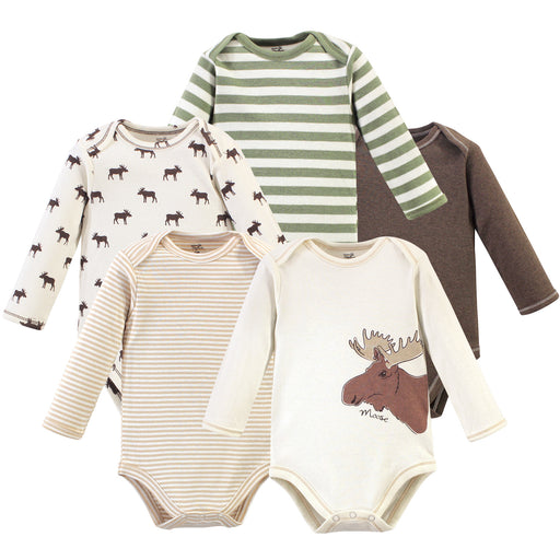 Touched by Nature Baby Boy Organic Cotton Long-Sleeve Bodysuits 5 Pack, Moose
