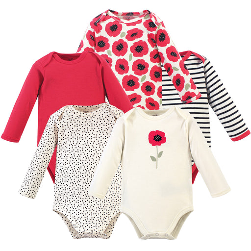 Touched by Nature Baby Girl Organic Cotton Long-Sleeve Bodysuits 5 Pack, Poppy