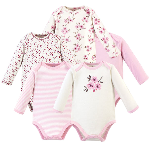 Touched by Nature Baby Girl Organic Cotton Long-Sleeve Bodysuits 5 Pack, Cherry Blossom