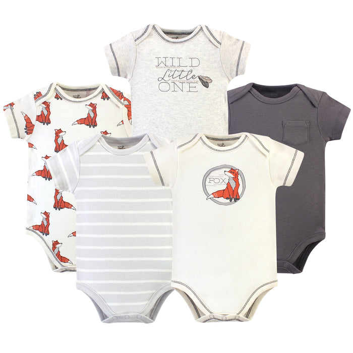 Touched by Nature Baby Boy Organic Cotton Bodysuits 5 Pack, Boho Fox