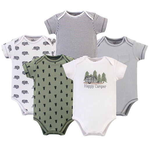 Touched by Nature Baby Boy Organic Cotton Bodysuits 5 Pack, Happy Camper