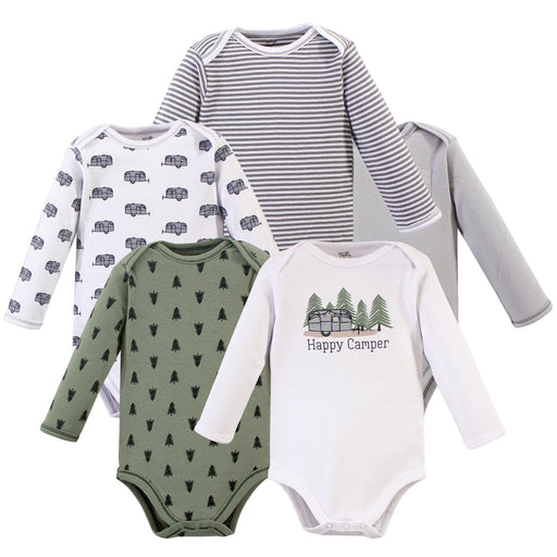 Touched by Nature Baby Boy Organic Cotton Long-Sleeve Bodysuits 5 Pack, Happy Camper