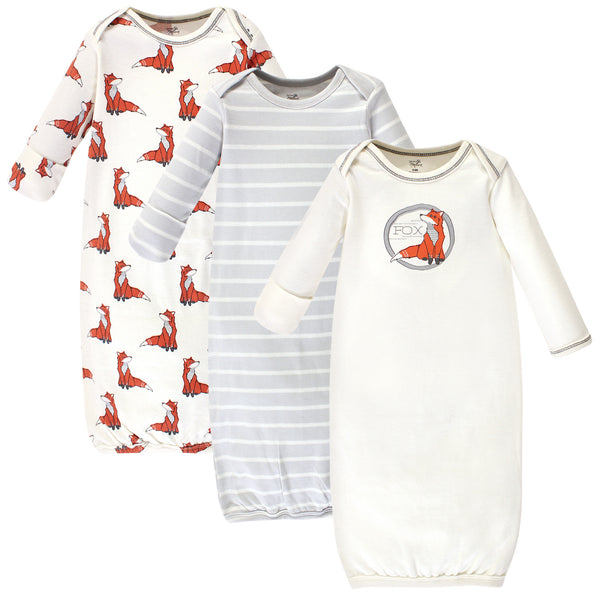 Touched by Nature Baby Boy Organic Cotton Long-Sleeve Gowns 3 Pack, Boho Fox, 0-6 Months