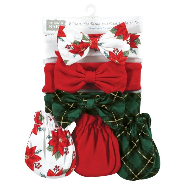 Hudson Baby Cotton Headband and Scratch Mitten Set, Poinsettia