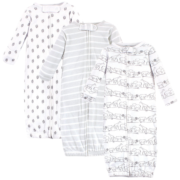 Touched by Nature Baby Organic Cotton Zipper Long-Sleeve Gowns 3 Pack, Safari