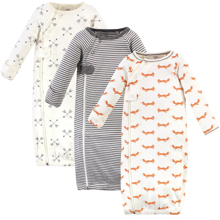Touched by Nature Baby Boy Organic Cotton Zipper Long-Sleeve Gowns 3 Pack, Orange Fox