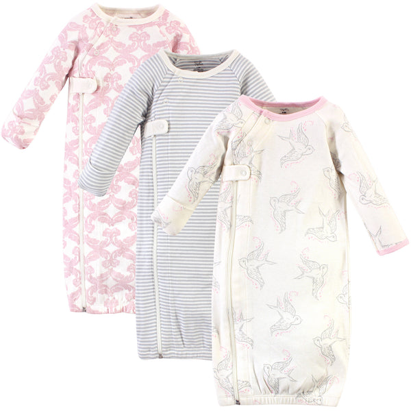 Touched by Nature Baby Girl Organic Cotton Zipper Long-Sleeve Gowns 3 Pack, Pink Bird