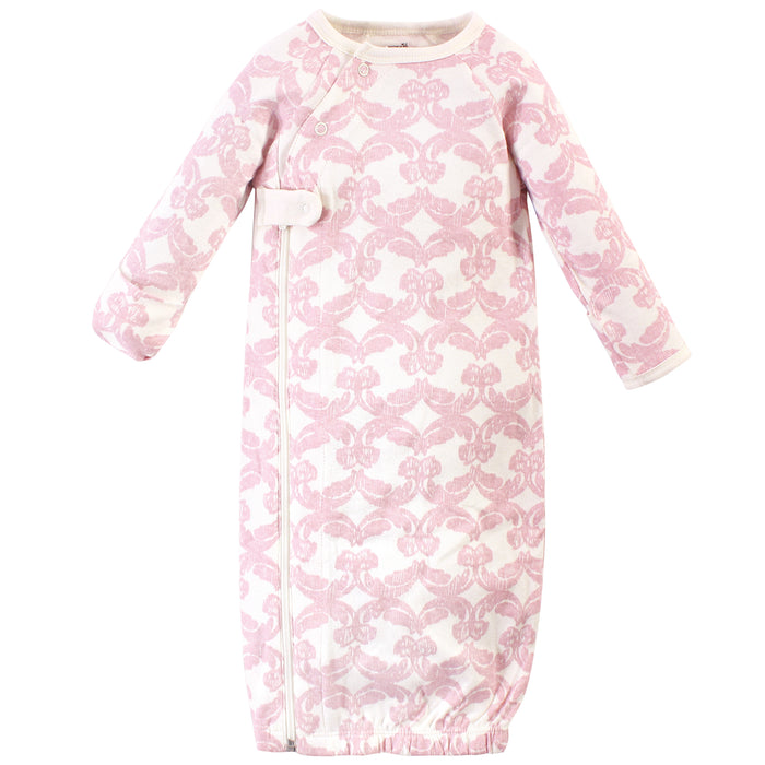Touched by Nature Baby Girl Organic Cotton Zipper Long-Sleeve Gowns 3 Pack, Pink Bird