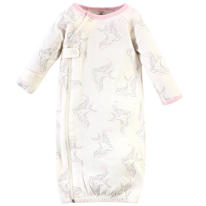 Touched by Nature Baby Girl Organic Cotton Zipper Long-Sleeve Gowns 3 Pack, Pink Bird