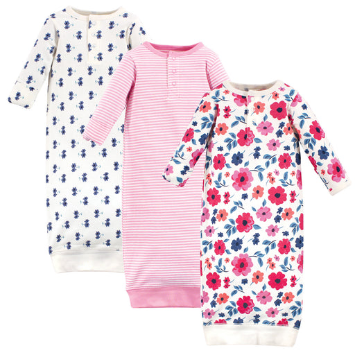 Touched by Nature Baby Girl Organic Cotton Henley Long-Sleeve Gowns 3 Pack, Garden Floral