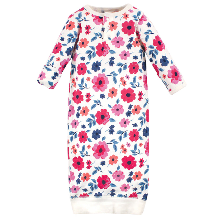 Touched by Nature Baby Girl Organic Cotton Henley Long-Sleeve Gowns 3 Pack, Garden Floral
