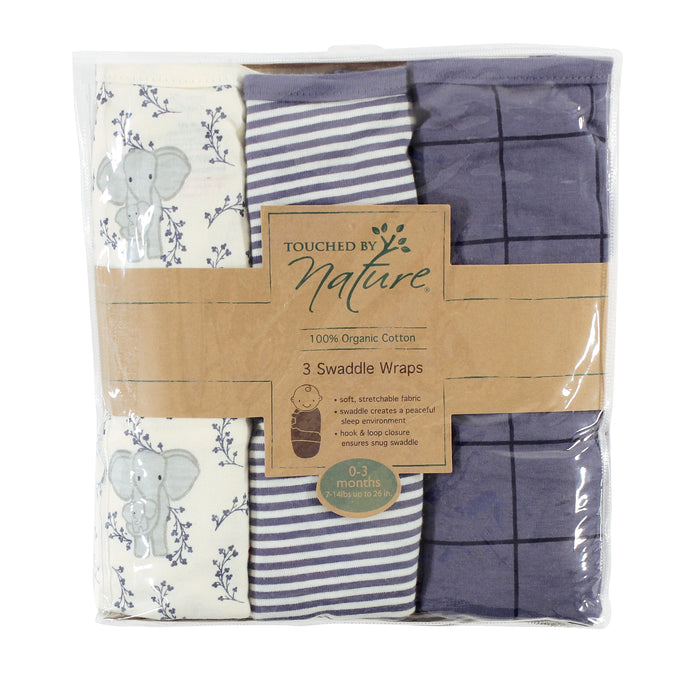 Touched by Nature Baby Boy Organic Cotton Swaddle Wraps, Elephant, 0-3 Months