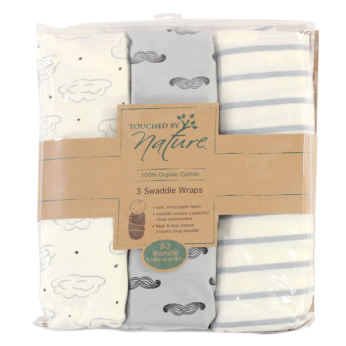 Touched by Nature Baby Boy Organic Cotton Swaddle Wraps, Mr. Moon, 0-3 Months
