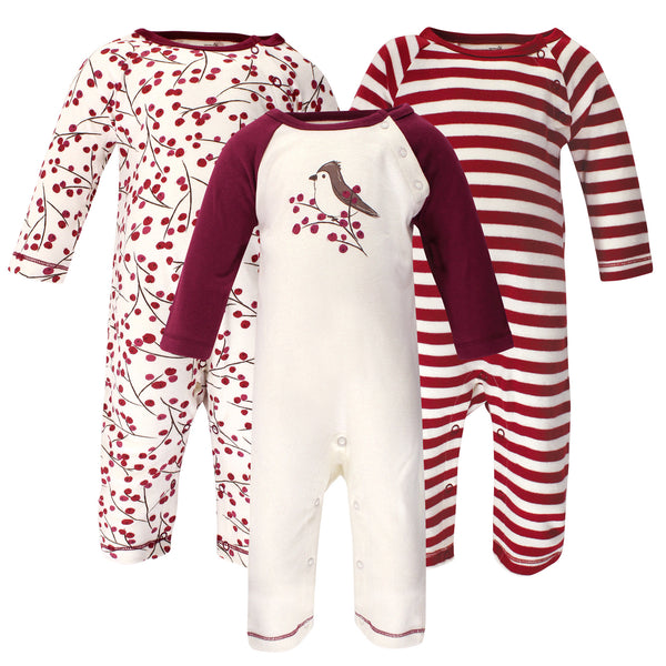 Touched by Nature Baby Girl Organic Cotton Coveralls 3 Pack, Berry Branch