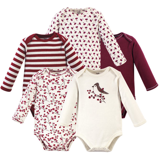 Touched by Nature Baby Girl Organic Cotton Long-Sleeve Bodysuits 5 Pack, Berry Branch