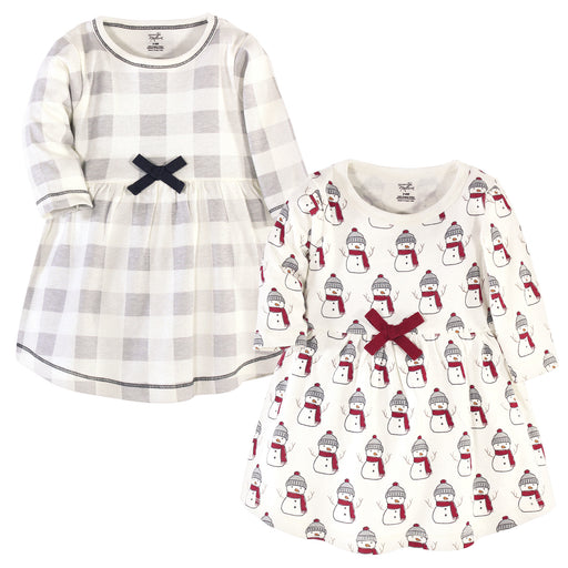 Touched by Nature Baby and Toddler Girl Organic Cotton Long-Sleeve Dresses 2 Pack, Snowman