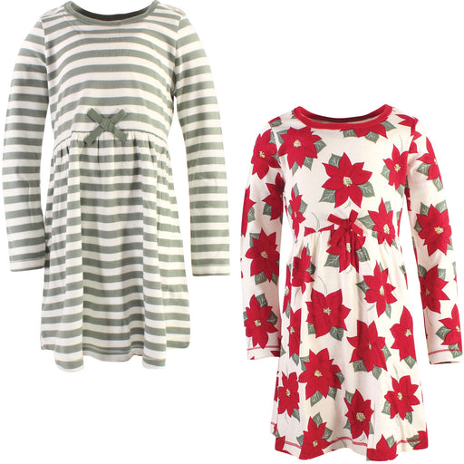 Touched by Nature Big Girls and Youth Organic Cotton Long-Sleeve Dresses 2-Pack, Poinsettia