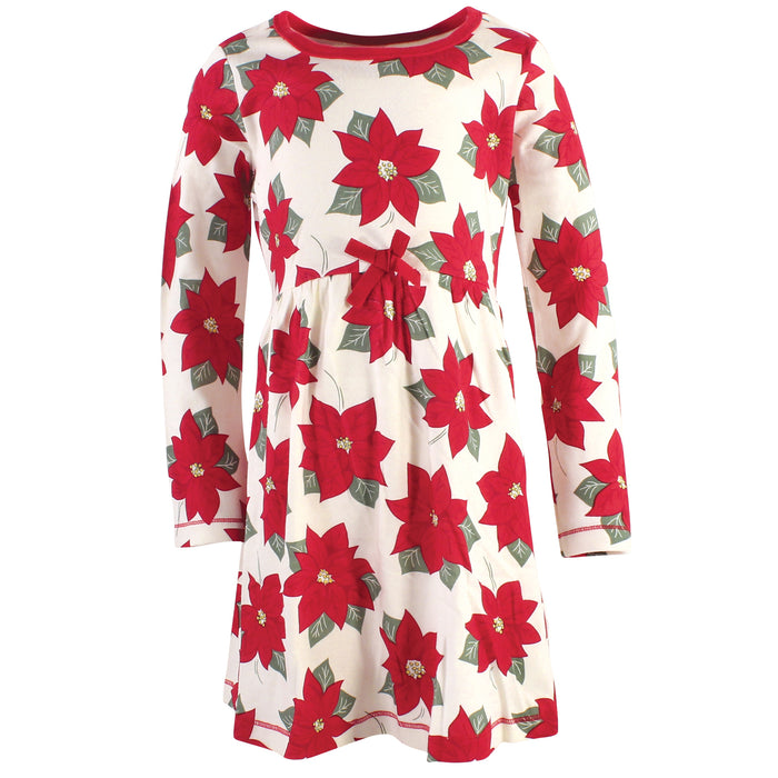 Touched by Nature Big Girls and Youth Organic Cotton Long-Sleeve Dresses 2-Pack, Poinsettia