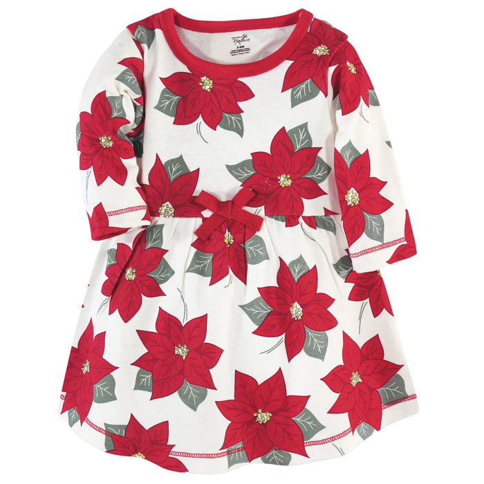 Touched by Nature Baby and Toddler Girl Organic Cotton Long-Sleeve Dresses 2 Pack, Poinsettia