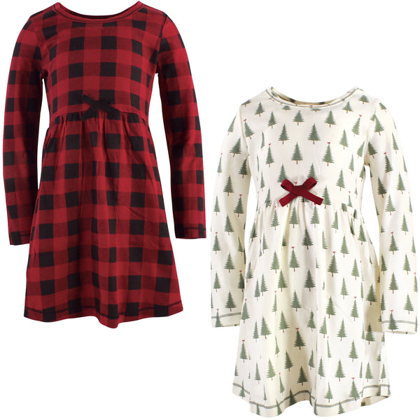 Touched by Nature Girls Organic Cotton Long-Sleeve Dresses 2-Pack, Tree Plaid