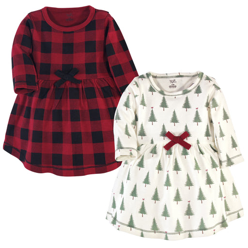 Touched by Nature Baby and Toddler Girl Organic Cotton Long-Sleeve Dresses 2 Pack, Tree Plaid