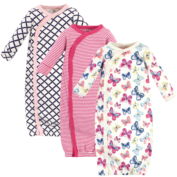 Touched by Nature Baby Girl Organic Cotton Side-Closure Snap Long-Sleeve Gowns 3 Pack, Bright Butterflies