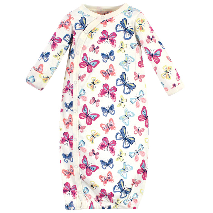 Touched by Nature Baby Girl Organic Cotton Side-Closure Snap Long-Sleeve Gowns 3 Pack, Bright Butterflies