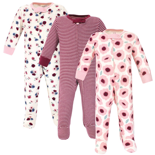 Touched by Nature Baby Girl Organic Cotton Zipper Sleep and Play 3 Pack, Blush Blossom