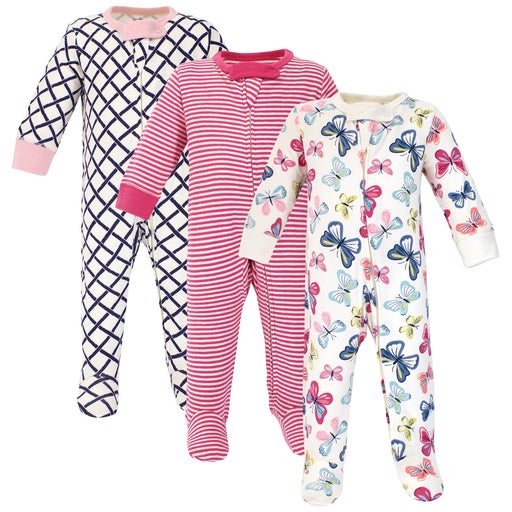 Touched by Nature Baby Girl Organic Cotton Zipper Sleep and Play 3 Pack, Bright Butterflies