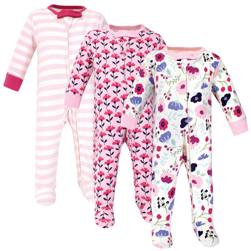 Touched by Nature Baby Girl Organic Cotton Zipper Sleep and Play 3 Pack, Pink Botanical