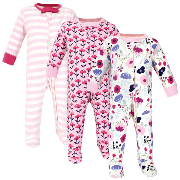 Touched by Nature Baby Girl Organic Cotton Zipper Sleep and Play 3 Pack, Pink Botanical