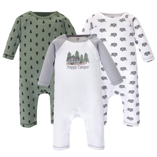 Touched by Nature Baby Boy Organic Cotton Coveralls 3 Pack, Happy Camper