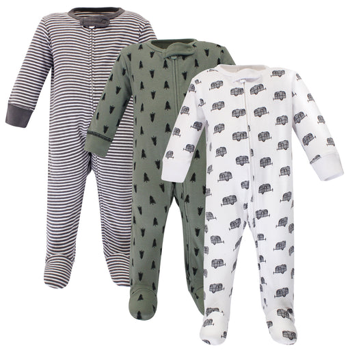Touched by Nature Baby Boy Organic Cotton Zipper Sleep and Play 3 Pack, Happy Camper