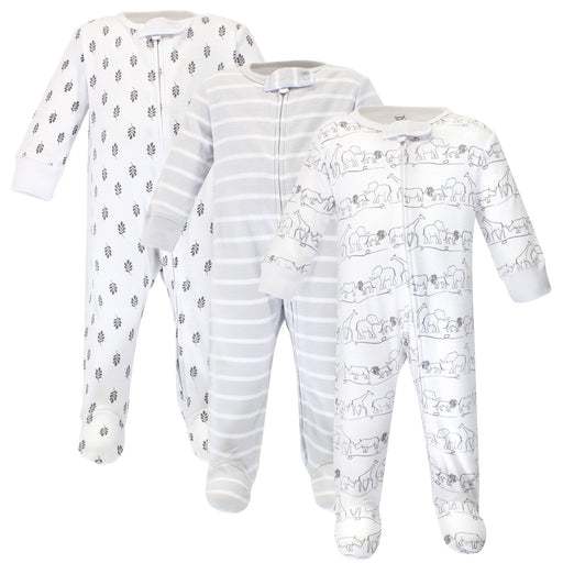Touched by Nature Baby Organic Cotton Zipper Sleep and Play 3 Pack, Safari