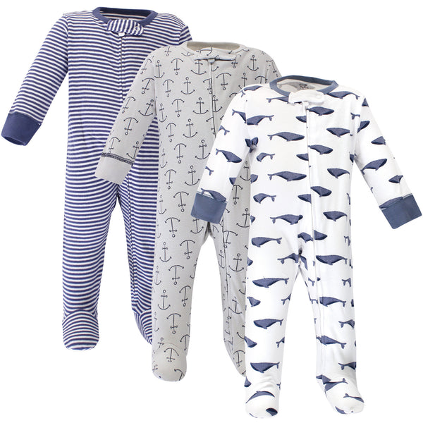 Touched by Nature Baby Organic Cotton Zipper Sleep and Play 3 Pack, Blue Whale