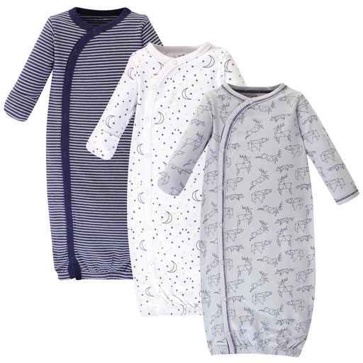 Touched by Nature Baby Boy Organic Cotton Side-Closure Snap Long-Sleeve Gowns 3 Pack, Constellation