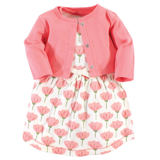 Touched by Nature Baby and Toddler Girl Organic Cotton Dress and Cardigan 2 Piece Set, Tulip