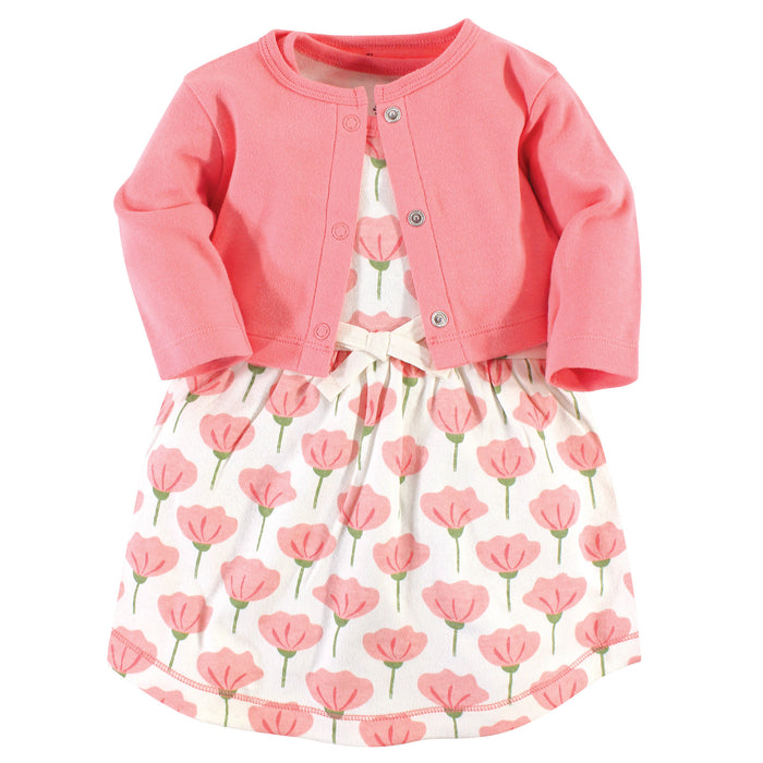 Touched by Nature Baby and Toddler Girl Organic Cotton Dress and Cardigan 2 Piece Set, Tulip