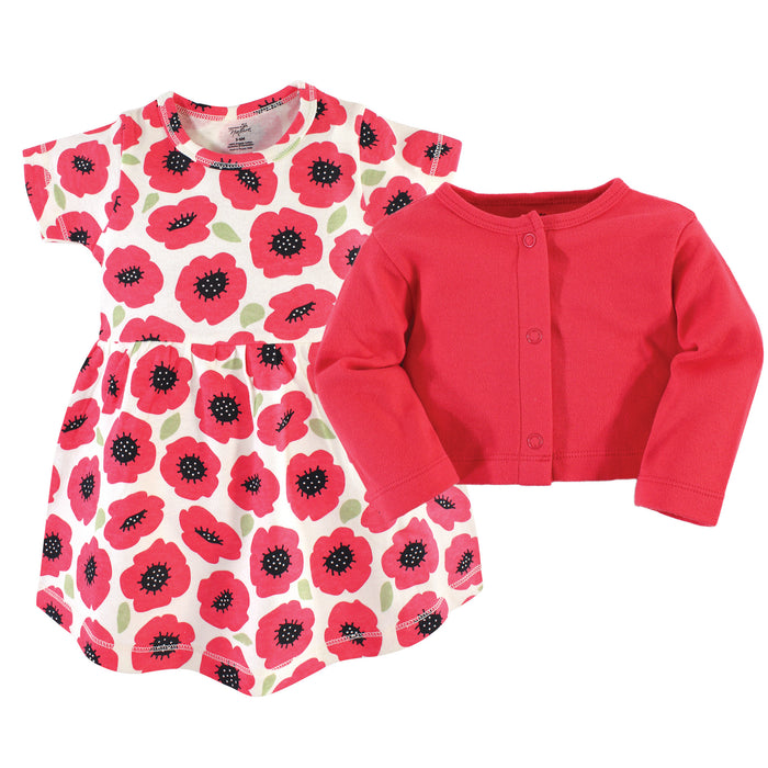 Touched by Nature Baby and Toddler Girl Organic Cotton Dress and Cardigan 2 Piece Set, Poppy
