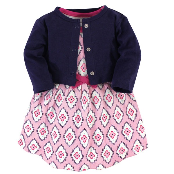 Touched by Nature Baby and Toddler Girl Organic Cotton Dress and Cardigan 2 Piece Set, Trellis