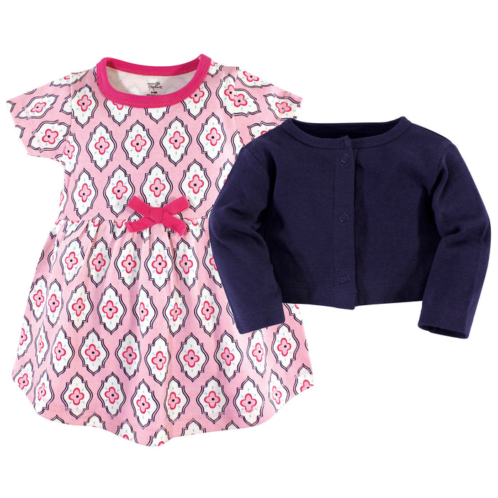 Touched by Nature Baby and Toddler Girl Organic Cotton Dress and Cardigan 2 Piece Set, Trellis