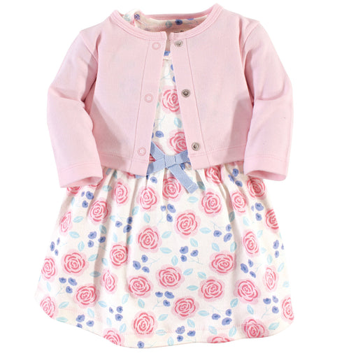 Touched by Nature Baby and Toddler Girl Organic Cotton Dress and Cardigan 2 Piece Set, Pink Rose