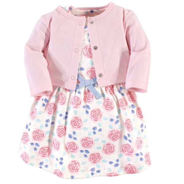 Touched by Nature Baby and Toddler Girl Organic Cotton Dress and Cardigan 2 Piece Set, Pink Rose